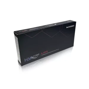 A sleek, black rectangular box of HYACORP LIPS®, a dermal filler product by BioScience. The front says "HYACORP LIPS®" in blue and pink text, with a white label on the left side. The top features angular pink lines and the BioScience logo.