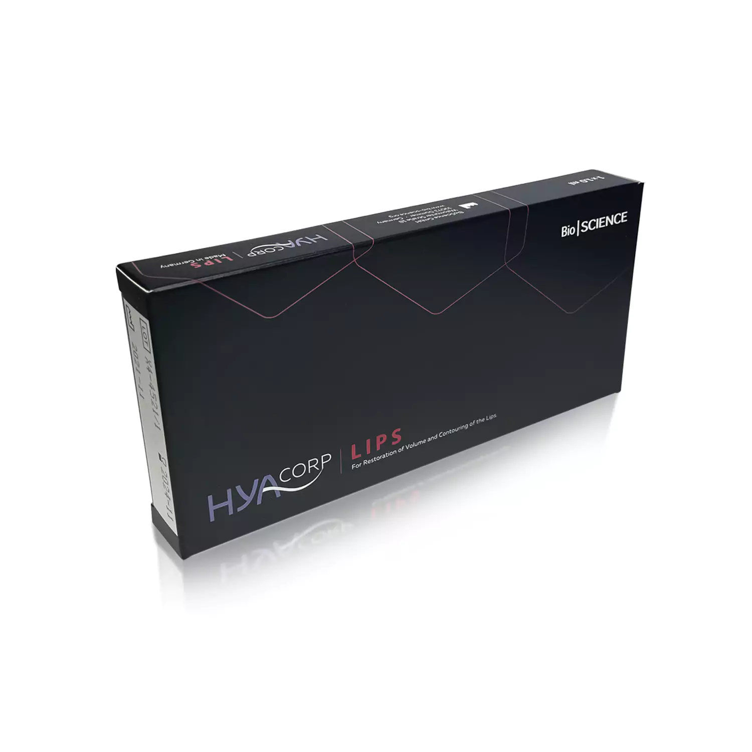 A sleek, black rectangular box of HYACORP LIPS®, a dermal filler product by BioScience. The front