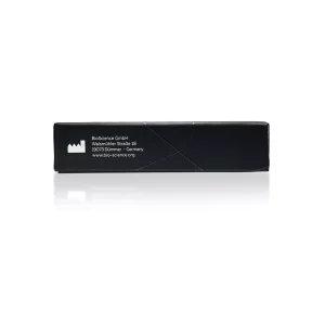 A black rectangular box with white text reads: "HYACORP LIPS® BioScience GmbH Wollmarktstraße 18 19370 Dümmer - Germany www.bio-science.org" The background is plain white.