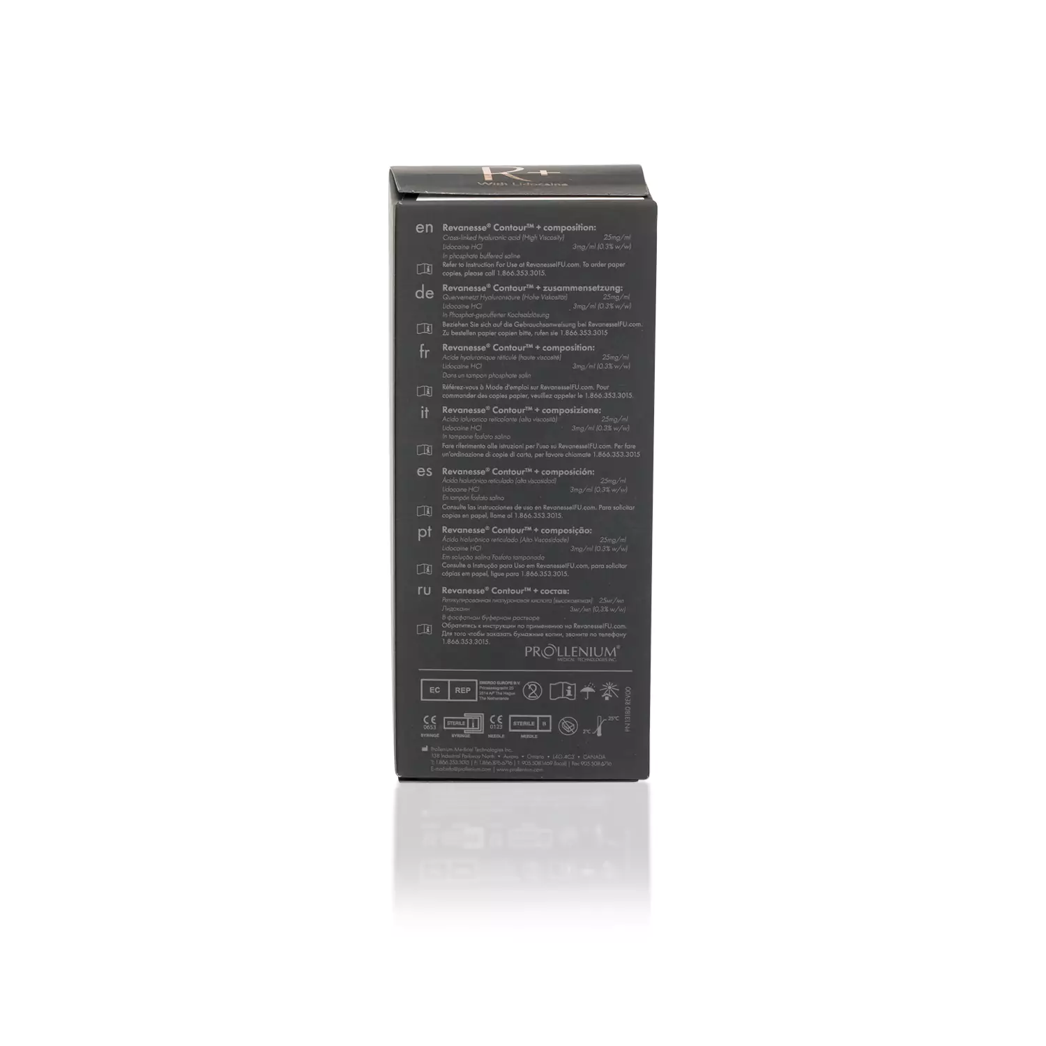 The image shows the back of a black REVANESSE® CONTOUR™ with Lidocaine box with text written in