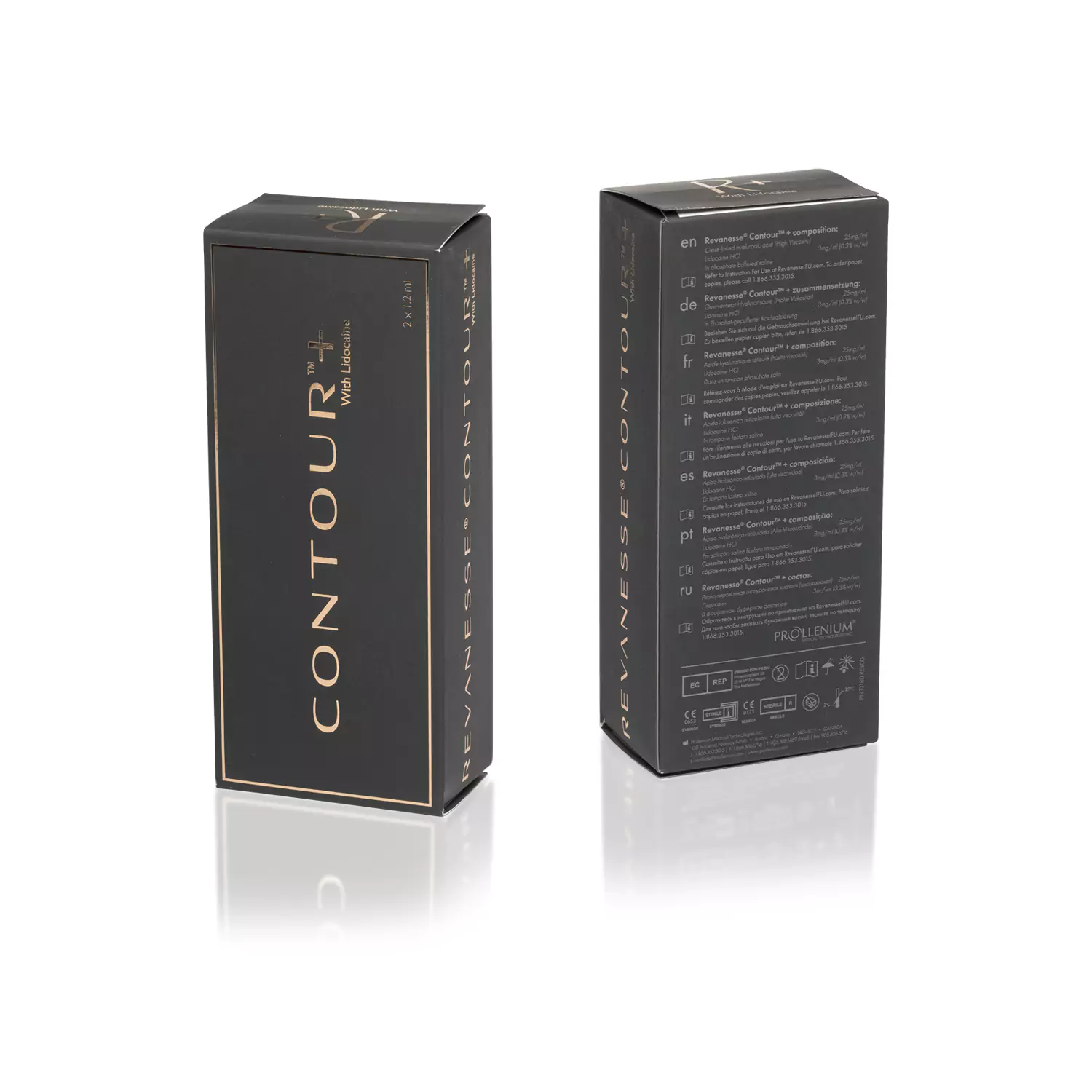 Two black rectangular REVANESSE® CONTOUR™ with Lidocaine boxes with gold accents are shown. The