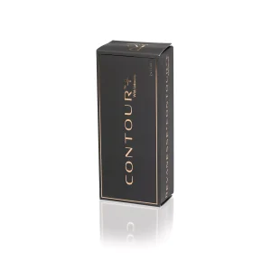 A sleek, rectangular black box of "REVANESSE® CONTOUR™ with Lidocaine" standing upright against a white background. The box features minimalist design elements with gold lettering and accents.