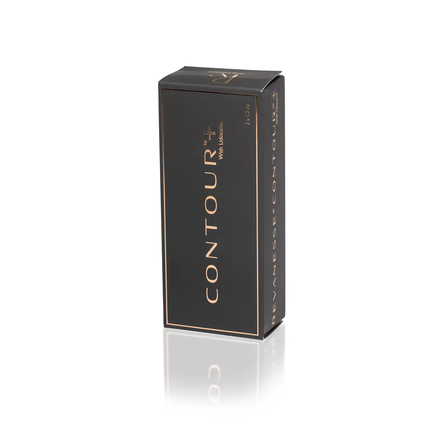 A sleek, rectangular black box of "REVANESSE® CONTOUR™ with Lidocaine" standing upright against a