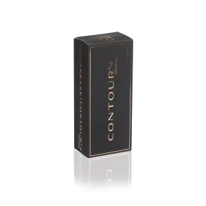 A sleek black rectangular box with the words "REVANESSE® CONTOUR™ with Lidocaine" in gold and smaller text "RAEVASSE" and "WRINKLES" on it. The box stands vertically, and the text also extends on the side. The packaging has a reflective surface, showing a faint mirrored image.