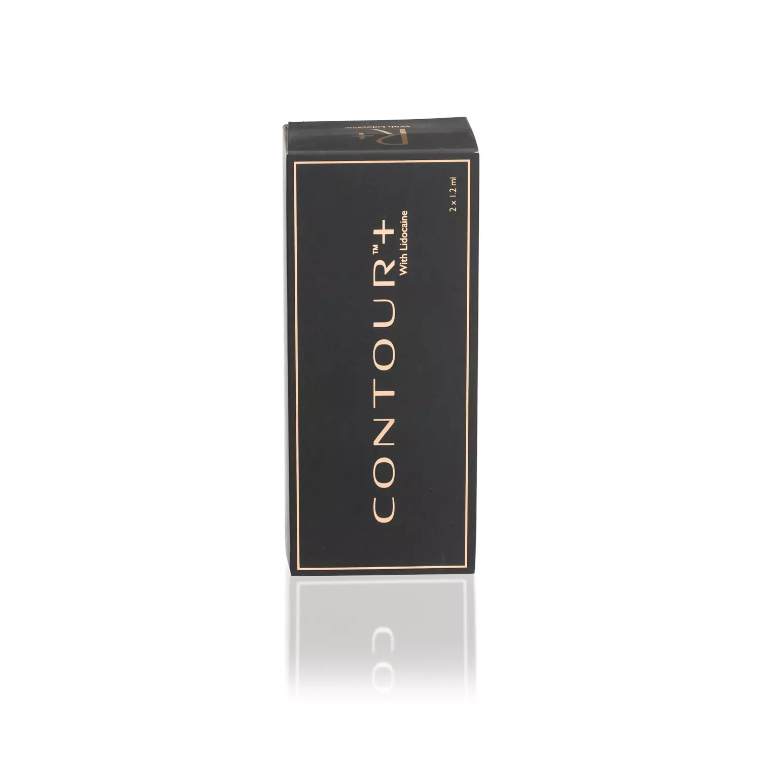 A black and gold box labeled "REVANESSE® CONTOUR™ with Lidocaine" with "MMV Vitamin" below it, containing 3 x 3.4 ml. The box is standing upright against a white background, with a reflection visible at the bottom.