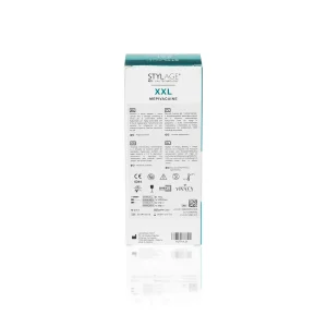 A box of STYLAGE® XXL BI-SOFT® Mepivacaine. The front side features a detailed product description, usage instructions, company logo, and certification symbols. The background is white.