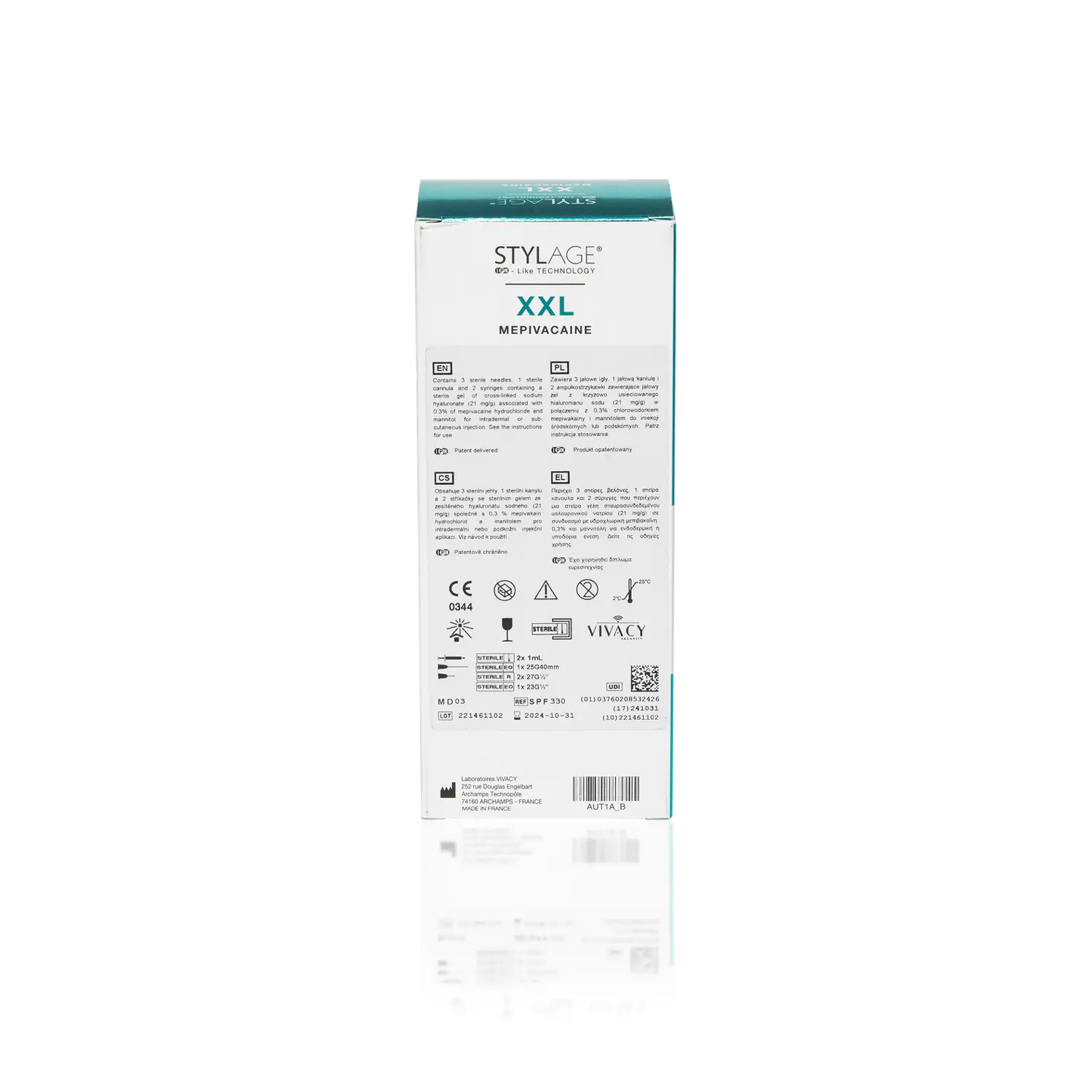 A box of STYLAGE® XXL BI-SOFT® Mepivacaine. The front side features a detailed product description
