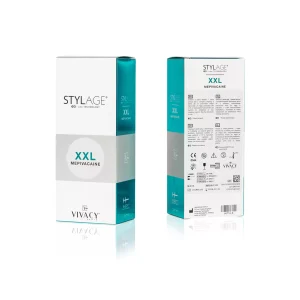 Two boxes of STYLAGE® XXL BI-SOFT® Mepivacaine are displayed side by side. The box on the left shows the front, featuring the product name and branding. The box on the right shows the back, displaying detailed product information and instructions.