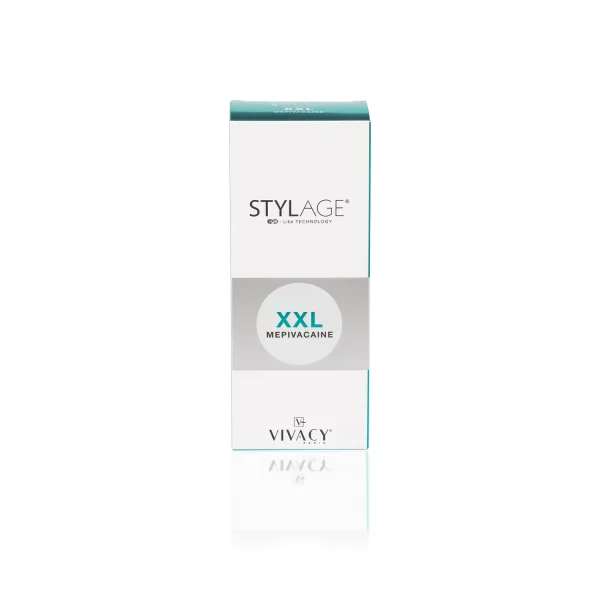 A green and white box labeled "STYLAGE® XXL BI-SOFT® Mepivacaine" with the Vivacy logo at the bottom. The box is upright and displayed against a white background.