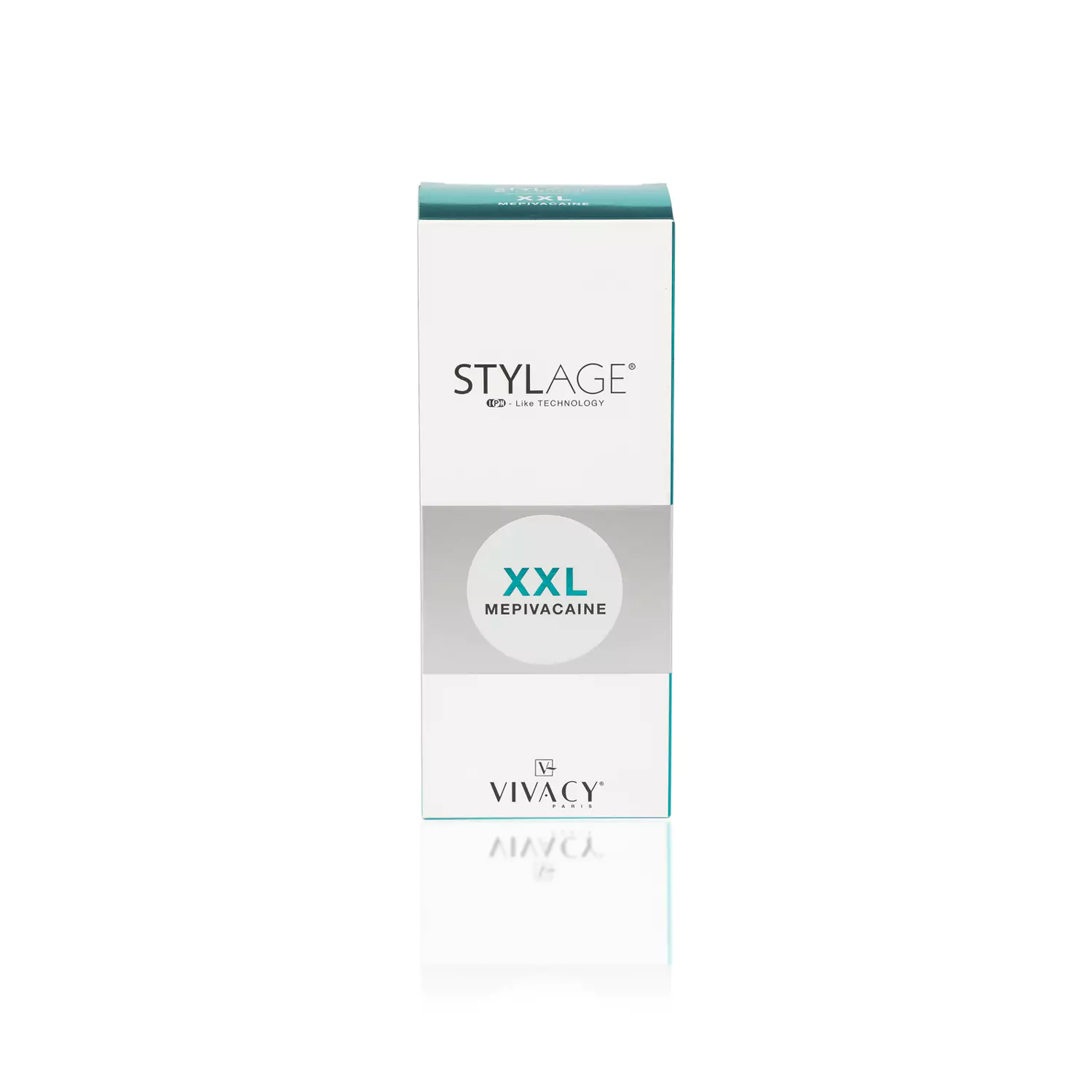 A green and white box labeled "STYLAGE® XXL BI-SOFT® Mepivacaine" with the Vivacy logo at the bottom. The box is upright and displayed against a white background.