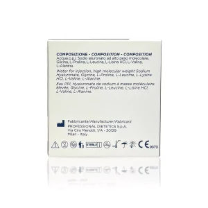 The image shows the back of a SUNEKOS® 1200 box. It lists the ingredients in Italian and English, including Water, Sodium Hyaluronate, Glycine, L-Proline, L-Leucine, L-Lysine HCl, L-Valine, and L-Alanine. Manufacturer information is also provided at the bottom.