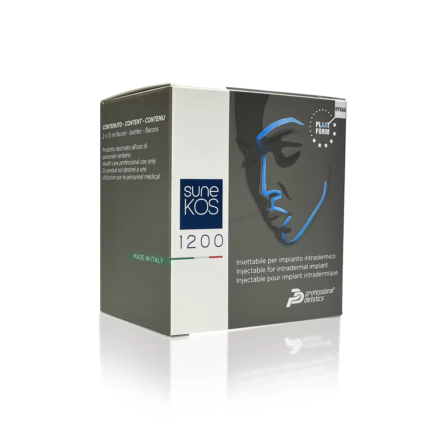 The image shows a box of SUNEKOS® 1200 injectable skin treatment. The packaging has a white section