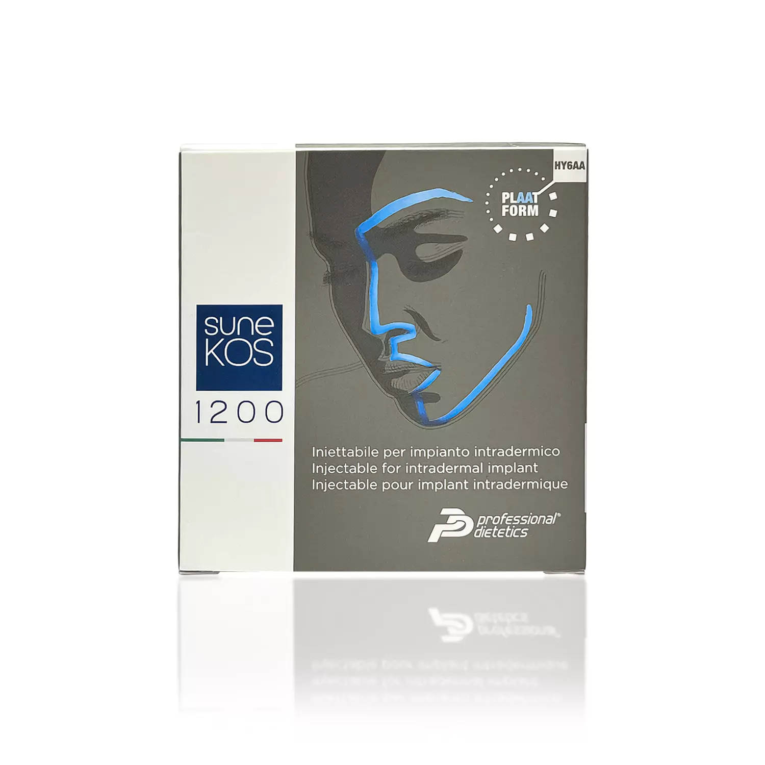 A product box for SUNEKOS® 1200. The packaging is gray with a minimalist blue and white face illustration. It includes text in Italian and English indicating its use for intradermal implants. The "professional dietetics" logo is at the bottom.