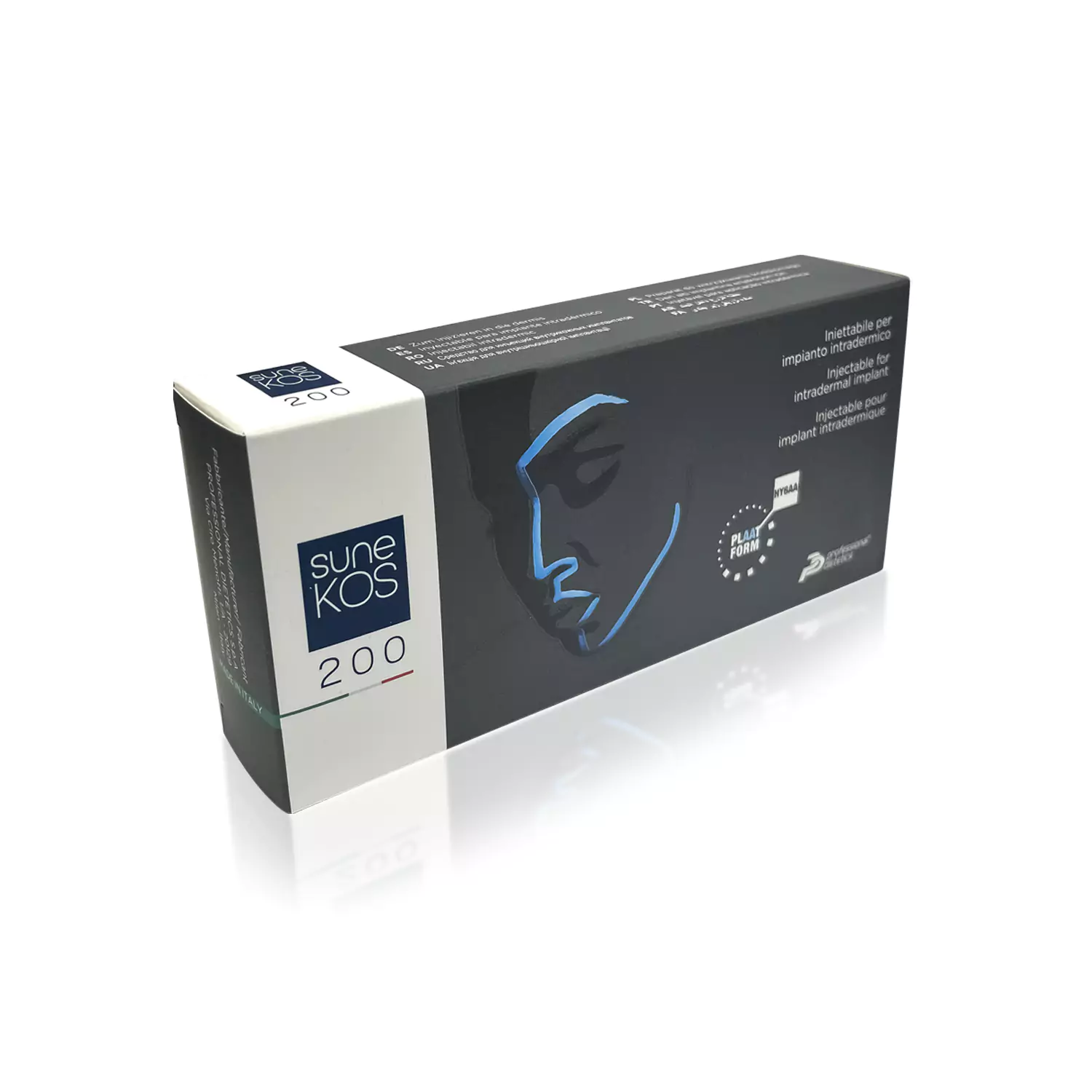 A rectangular black and white box labeled "SUNEKOS® 200". The packaging features an abstract blue