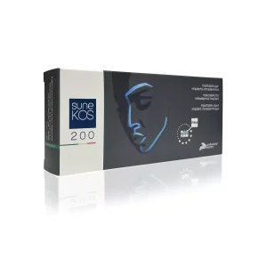 A rectangular white box with "SUNEKOS® 200" printed on the left side in blue and red text. The design includes a sleek illustrated profile of a face in blue-grey shades. Labels in multiple languages highlight it as an injectable for intradermal treatment.