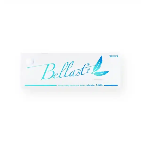 The image shows a white box of BELLAST® L, a product containing cross-linked hyaluronic acid and lidocaine. The front of the box features the brand name "BELLAST® L" in aqua blue script, along with a feather design and the volume of 1.0 mL.