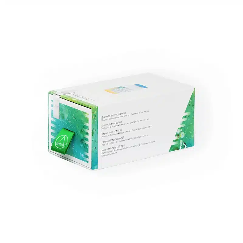 A rectangular white and green box with a spout on one side. The box features minimalist design