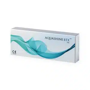 A white rectangular box of REVOFIL AQUASHINE PTX - 2 Pre-Filled Syringes, a 2 ml medical product. The box features a blue-green wave design and displays the CE marking for certification. The product name is prominently printed in blue text on the front.