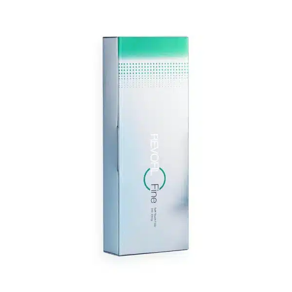 A slender, rectangular, silver-toned product box stands upright. The top of the box features a turquoise gradient with a dotted pattern. The front displays the text "REVOFIL FINE" in modern typography, along with additional small text below it.