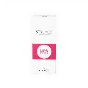 A white rectangular box with "STYLAGE® LIPS PLUS BI-SOFT®" written on it. There is a pink band in the middle with "LIPS PLUS" in white text. The bottom of the box features the "VIVACY" logo.