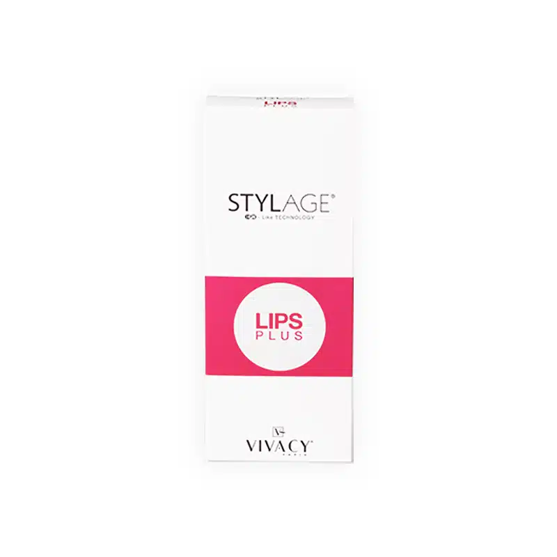 A white rectangular box with "STYLAGE® LIPS PLUS BI-SOFT®" written on it. There is a pink band in