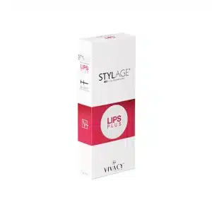 A white and pink rectangular box labeled "STYLAGE® LIPS PLUS BI-SOFT®" with the tagline "IPN-Like Technology" and a logo for "Vivacy" at the bottom. The box is designed for a lip enhancement product.
