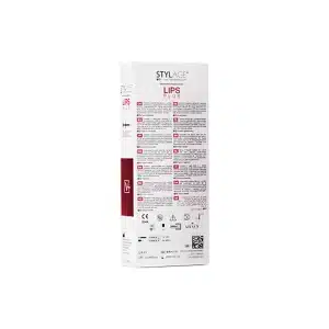 A white rectangular box of STYLAGE® LIPS PLUS BI-SOFT® by Vivacy, featuring product information, icons, and text primarily in red, black, and gray. The packaging indicates it is a medical product, likely for aesthetic or cosmetic use focused on lips.