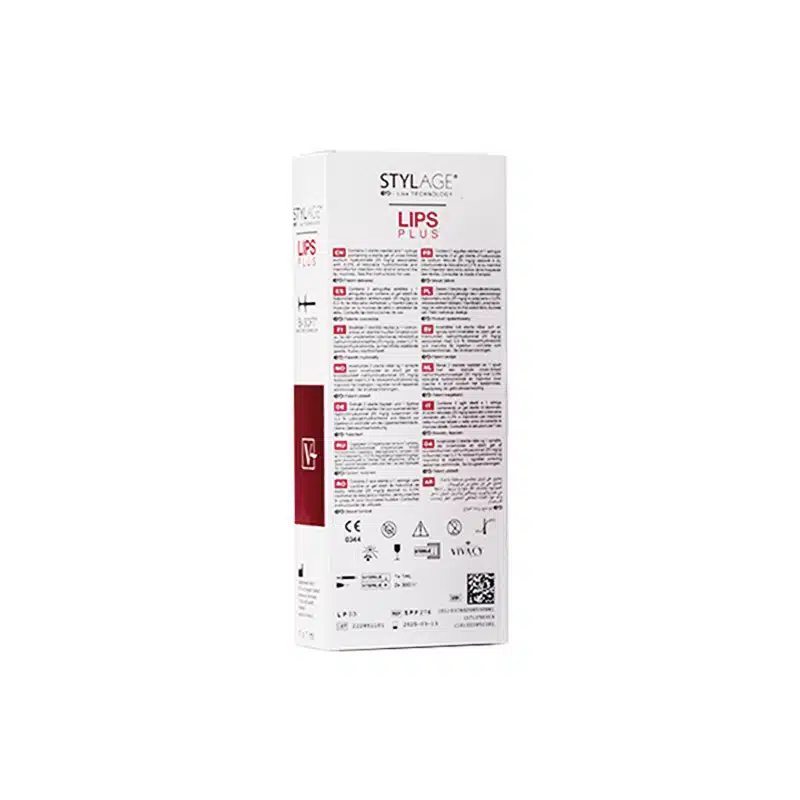 A white rectangular box of STYLAGE® LIPS PLUS BI-SOFT® by Vivacy, featuring product information