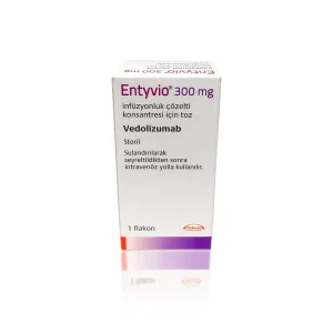 The image shows a white and purple box of ENTYVIO® (Non-English) 300 mg. The text on the box is in Turkish, indicating it is a sterile infusion powder to be diluted before intravenous use. The manufacturer's logo, Takeda, is at the bottom.