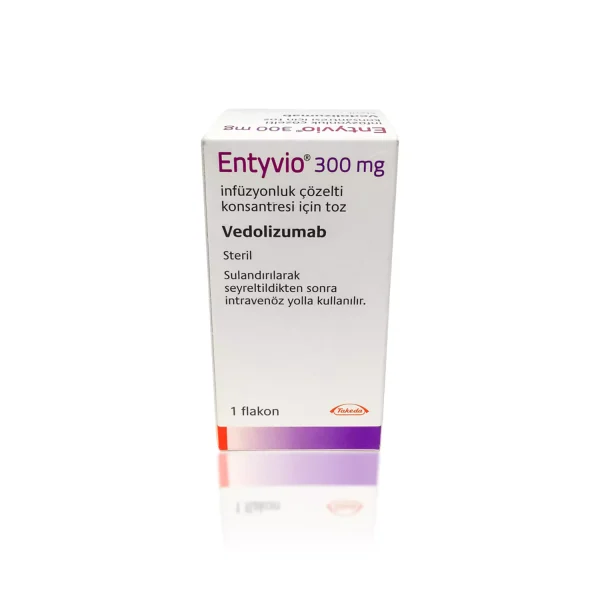 The image shows a white and purple box of ENTYVIO® (Non-English) 300 mg. The text on the box is in Turkish, indicating it is a sterile infusion powder to be diluted before intravenous use. The manufacturer's logo, Takeda, is at the bottom.