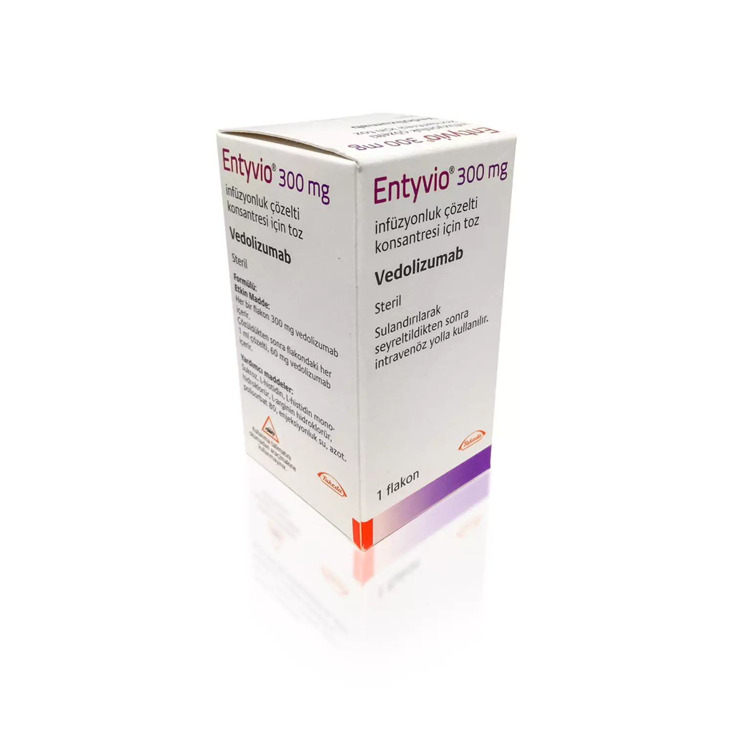 A white box containing ENTYVIO® (Non-English) 300 mg infusion powder concentrate with the active
