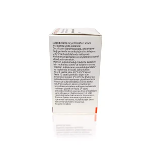Backside of a medicine box with text in Turkish about instructions and warnings for ENTYVIO® preparation and usage. The text specifies storage conditions, handling, and precautions to avoid freezing and maintain efficacy. White background with some red trim.