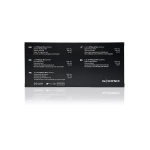 A rectangular black product box displays text in multiple languages, listing the ingredients and information of the product. The BioScience logo is in the bottom right corner. The HYACORP FINE® box also features regulatory certification icons on the bottom left corner.