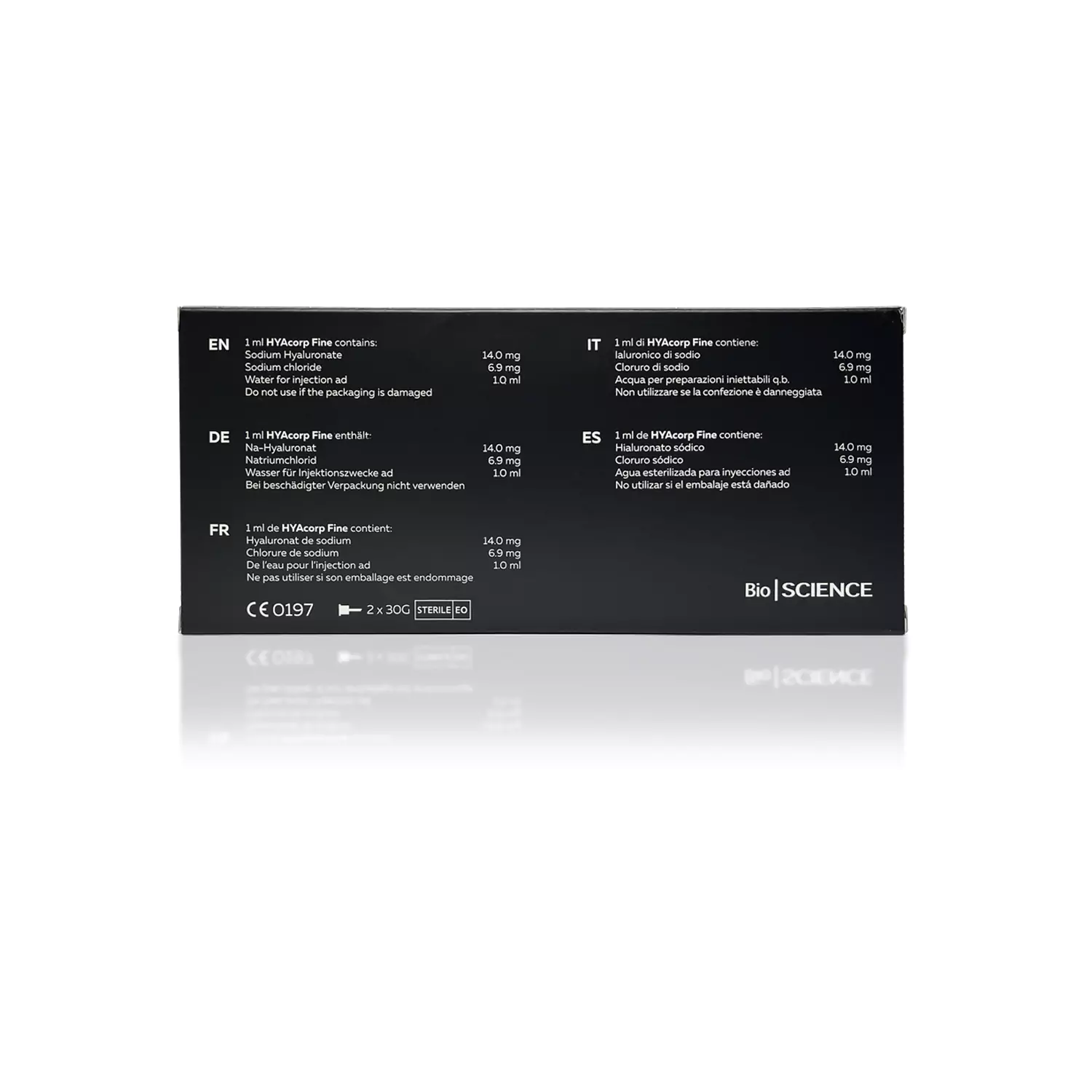 A rectangular black product box displays text in multiple languages, listing the ingredients and