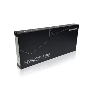 A black rectangular box labeled "HYACORP FINE®" and "Bio SCIENCE" with minimalistic white line designs. The packaging appears sleek and professional, indicating a product related to aesthetic or medical use, likely derma filler or skin enhancements.