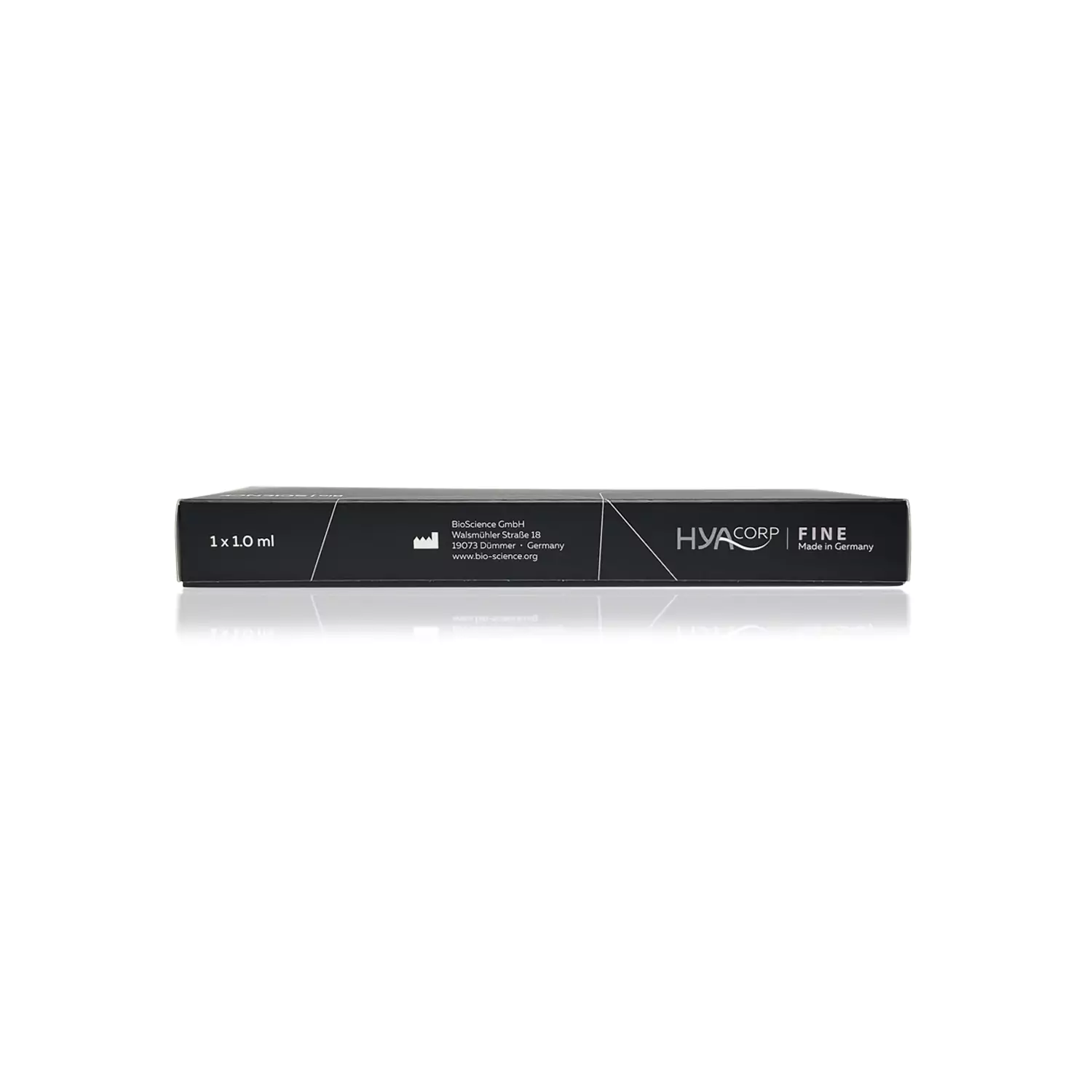 A sleek black rectangular box with white text. The text on the box includes the brand name "HYACORP