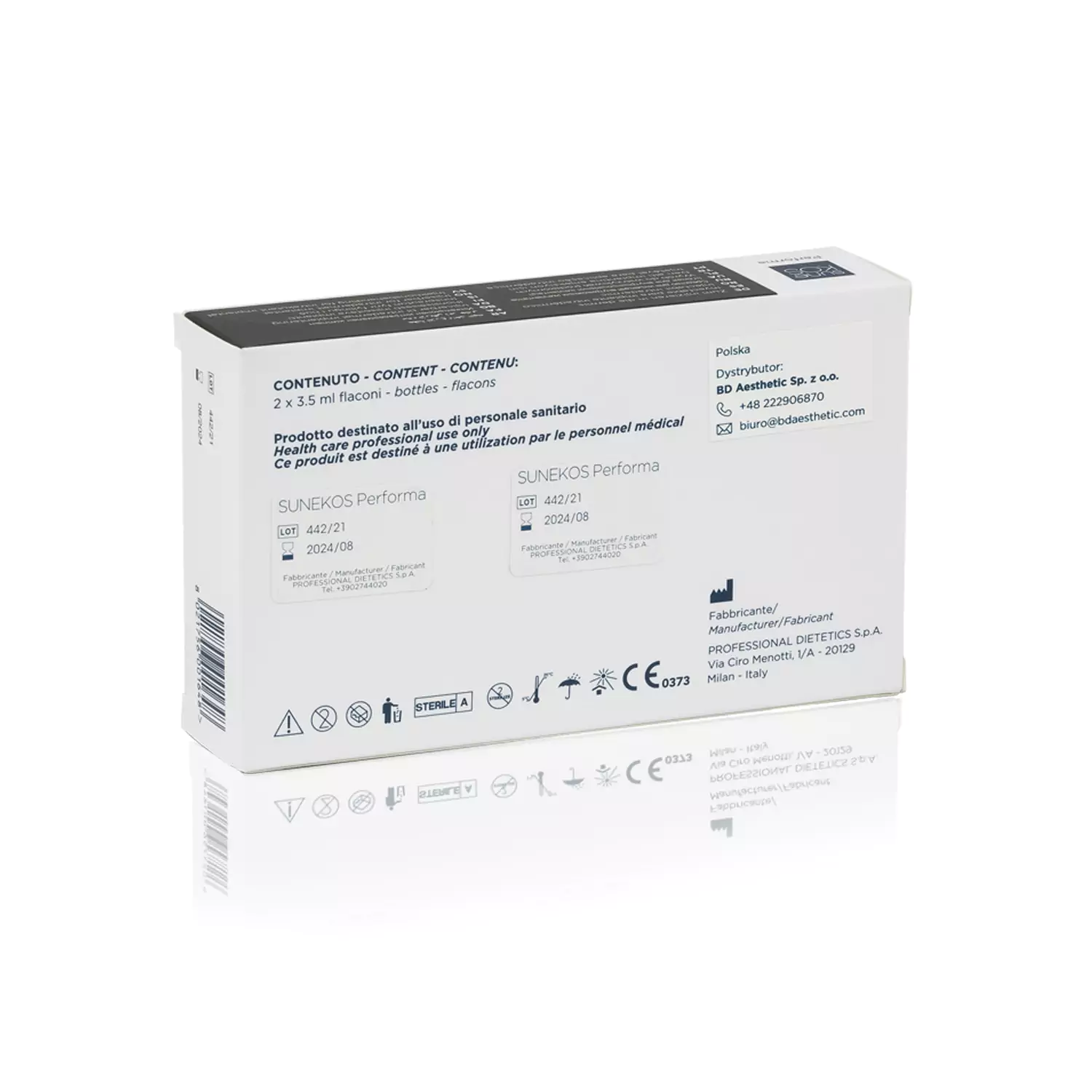 A box labeled "SUNEKOS® PERFORMA" showing both front and back sides. It contains two 3.5ml vials