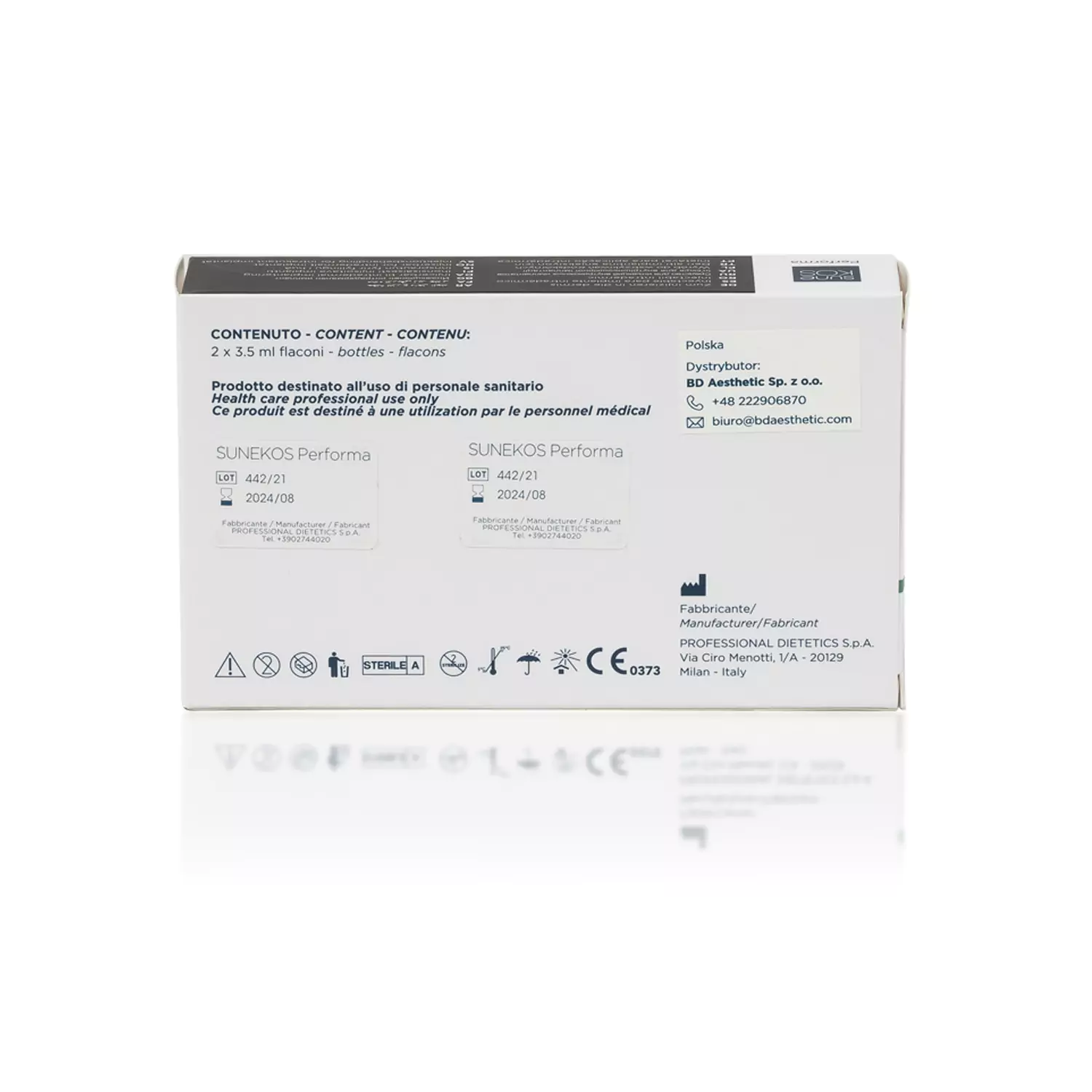 The image shows the back of a product box for "SUNEKOS® PERFORMA." The box provides detailed text