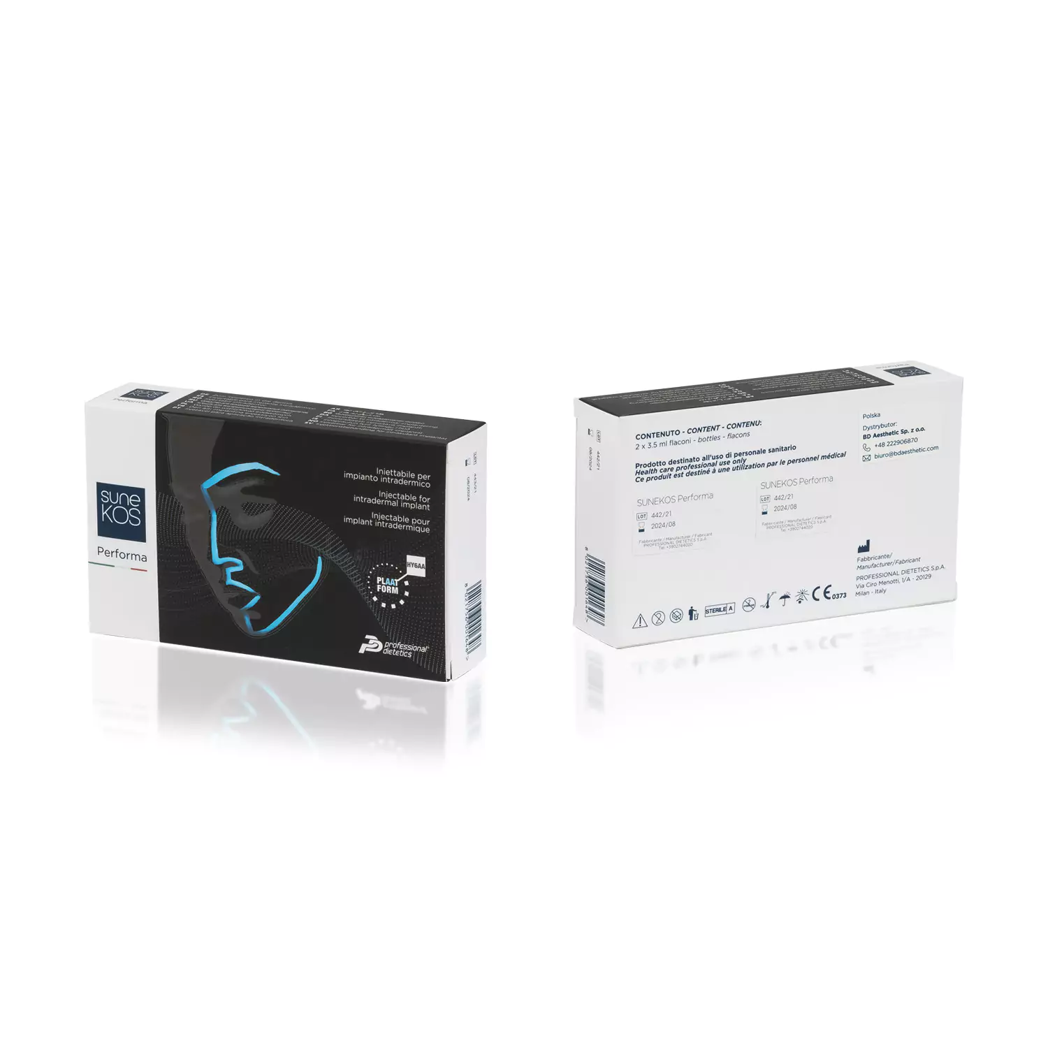 Image of two SUNEKOS® PERFORMA product boxes positioned side by side. The box on the left shows the