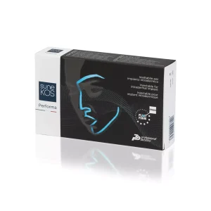 A white rectangular box with a black side displaying the brand name "SUNEKOS® PERFORMA" in a blue square and the word "Performa" below it. The black side features an abstract outline of a face illuminated by blue light. The term "Injectable" appears in multiple languages.