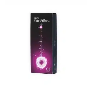 The image shows a black box labeled "DR. CYJ HAIR FILLER 1ml" containing 1ml. The packaging features a vertical white line with dots and measurement marks, leading to a white circular design resembling a spark or explosion near the bottom. "CE 2265" is marked on the front.
