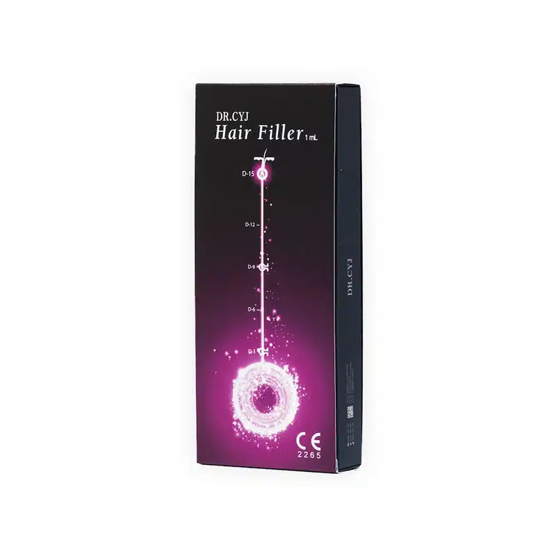 The image shows a black box labeled "DR. CYJ HAIR FILLER 1ml" containing 1ml. The packaging features a vertical white line with dots and measurement marks, leading to a white circular design resembling a spark or explosion near the bottom. "CE 2265" is marked on the front.