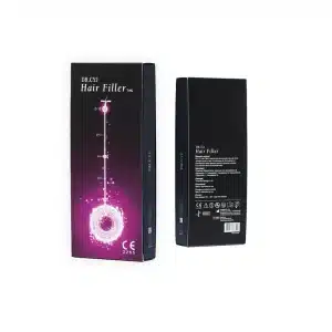 The image displays two views of a product box for "DR. CYJ HAIR FILLER 1ml." The front of the box features the product name with a glowing circular graphic and measurement markings, while the back includes informational text and various logos and symbols.