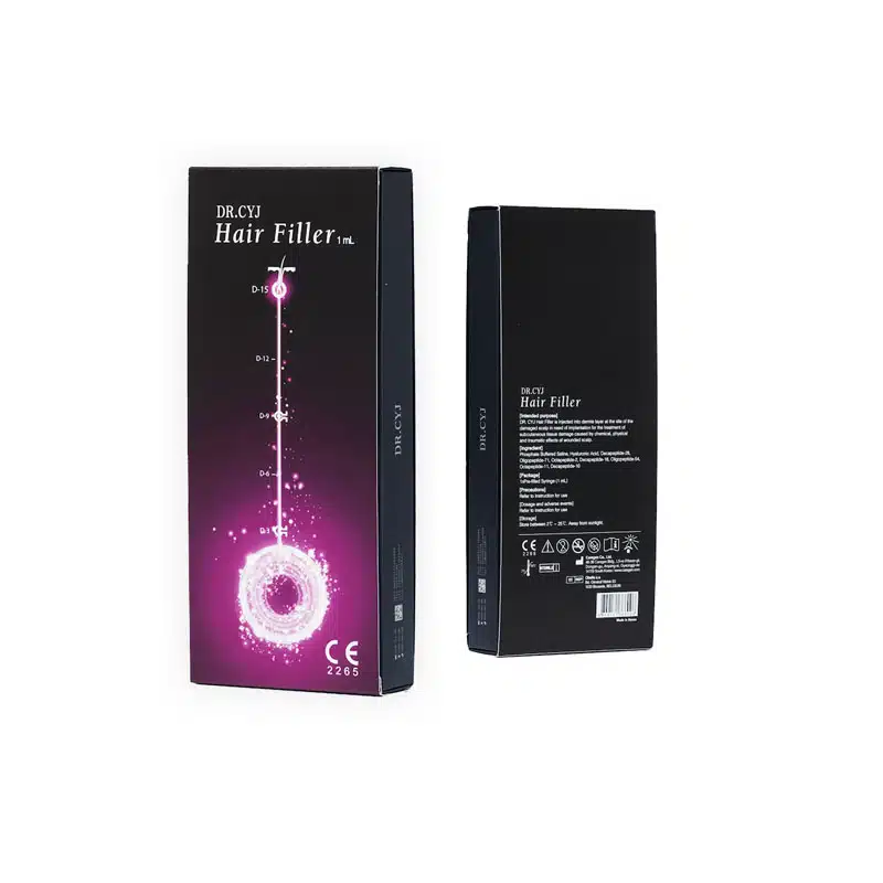 The image displays two views of a product box for "DR. CYJ HAIR FILLER 1ml." The front of the box