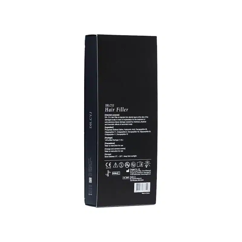 A rectangular black product box of DR. CYJ HAIR FILLER 1ml is shown. The packaging has white text