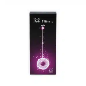 A rectangular black box with "DR. CYJ HAIR FILLER 1ml" written on it. The box features a diagram resembling a glowing white ring emitting sparkles, with markings D+15, D+19, and D+26, and a CE marking on the bottom right corner.