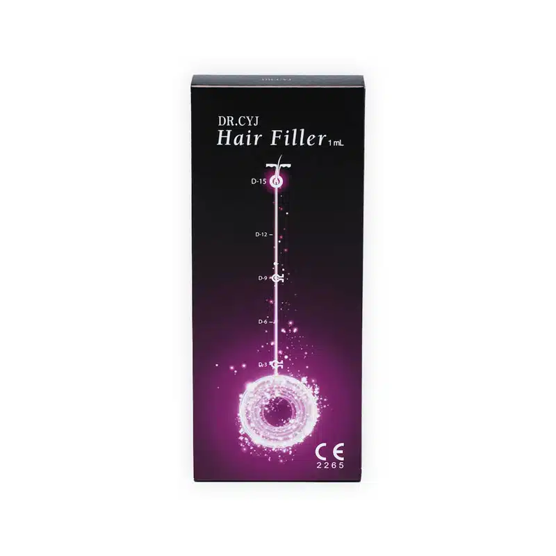 A rectangular black box with "DR. CYJ HAIR FILLER 1ml" written on it. The box features a diagram