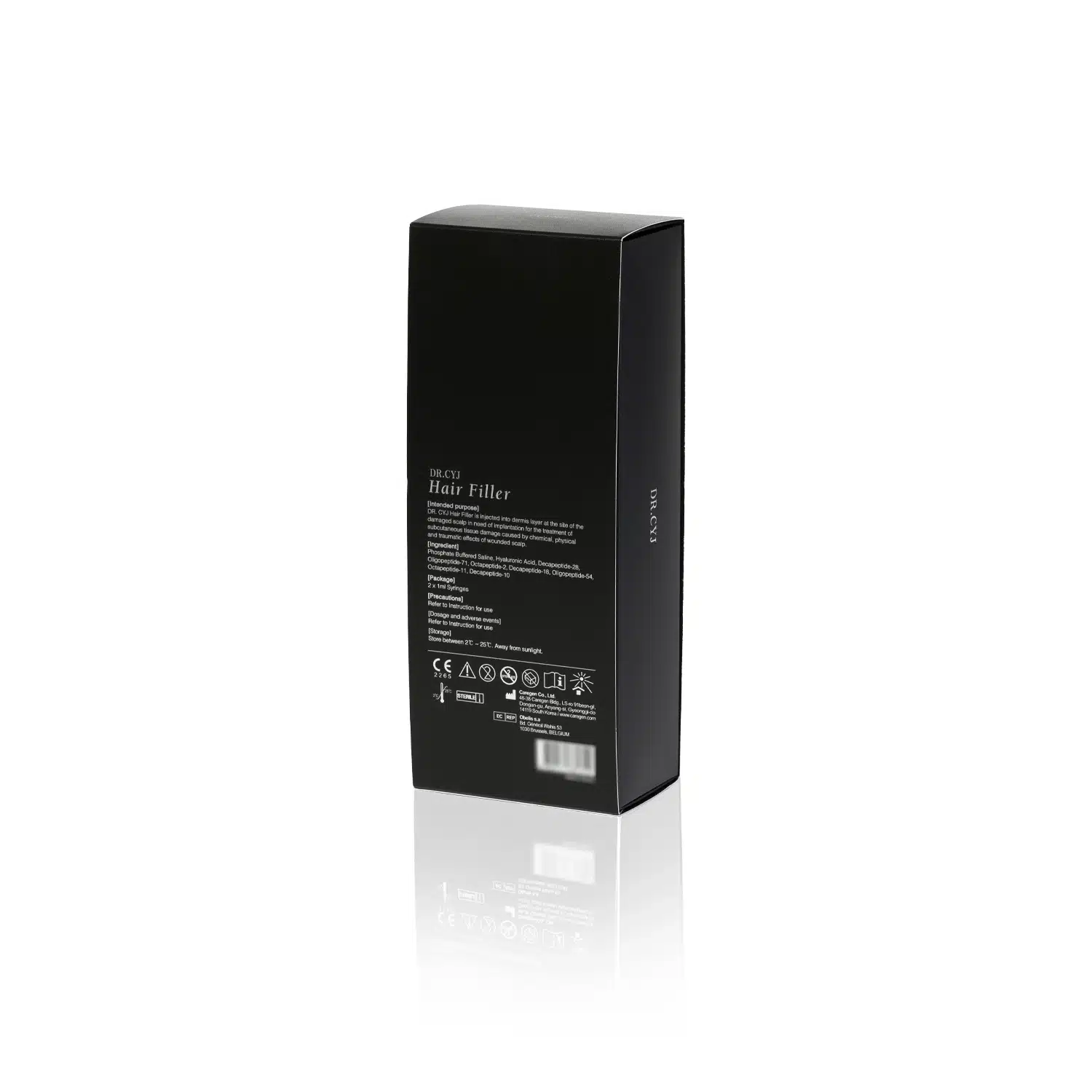 A black rectangular DR. CYJ HAIR FILLER 2x1ml box standing upright against a white background. The