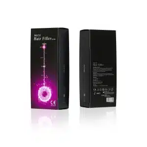 Two black retail boxes of "DR. CYJ HAIR FILLER 2x1ml" are shown. The front box has text and a graphic of a glowing pink sphere with labeled dots. The back box displays product information, icons, and QR code. Both boxes reflect light and have a sleek design.