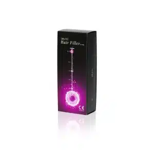 A rectangular black box featuring "DR. CYJ HAIR FILLER 2x1ml" in white text. The box has a glowing pink circular graphic with the words "Hair Filler" and measurement lines. There are also certification icons and a CE mark visible at the bottom.